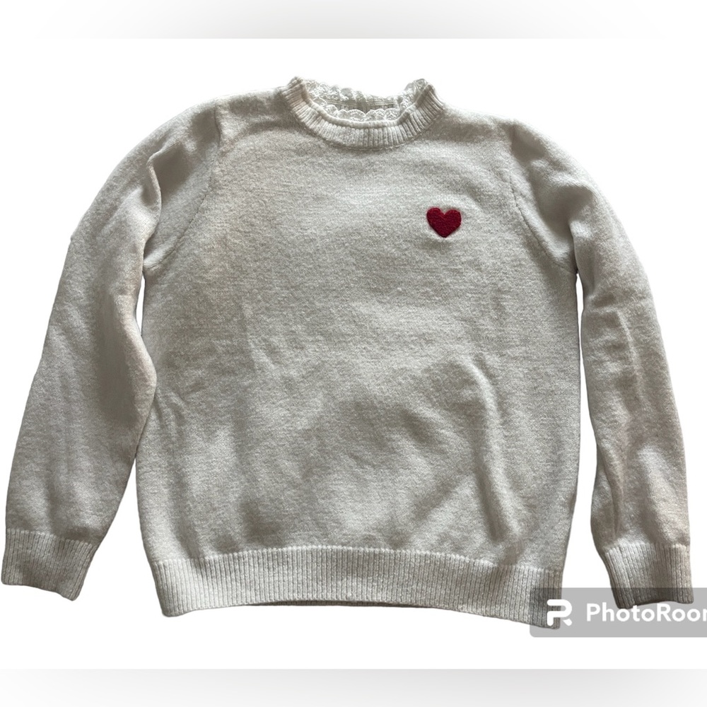 White Cuffed Sweater with Lace Neckline